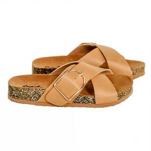 NEW QUPID women's buckle x-band slip on sandals in tan